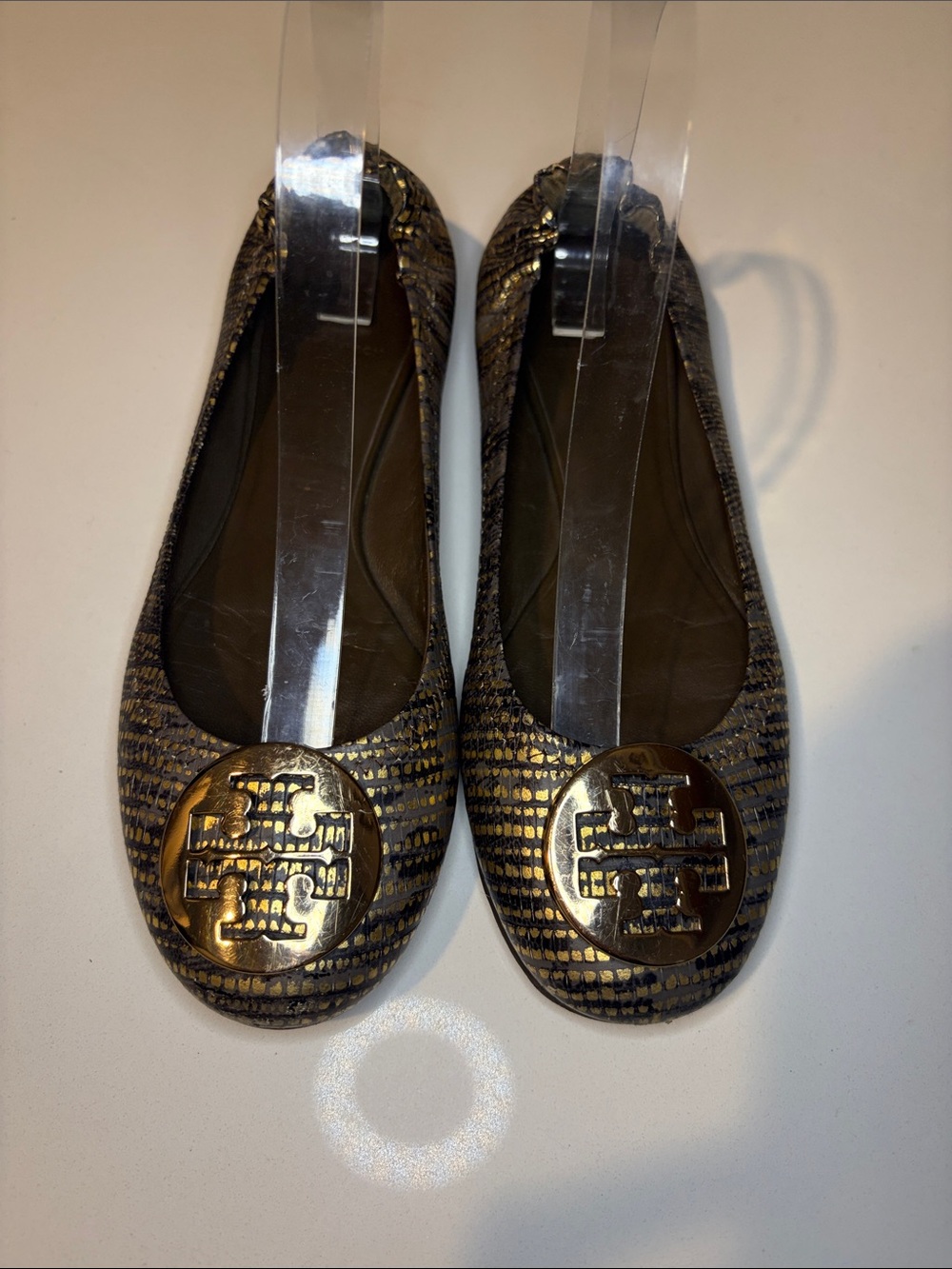 Tory Burch Reva Metallic Black Gold Lizard Print Flats, Size 8, GUC